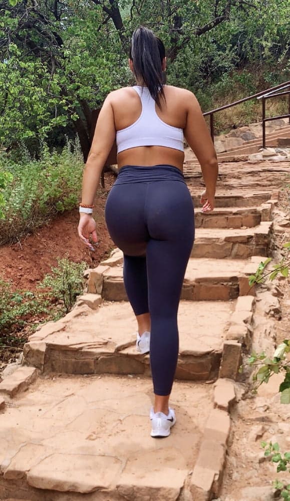 navy leggings hiking trail view